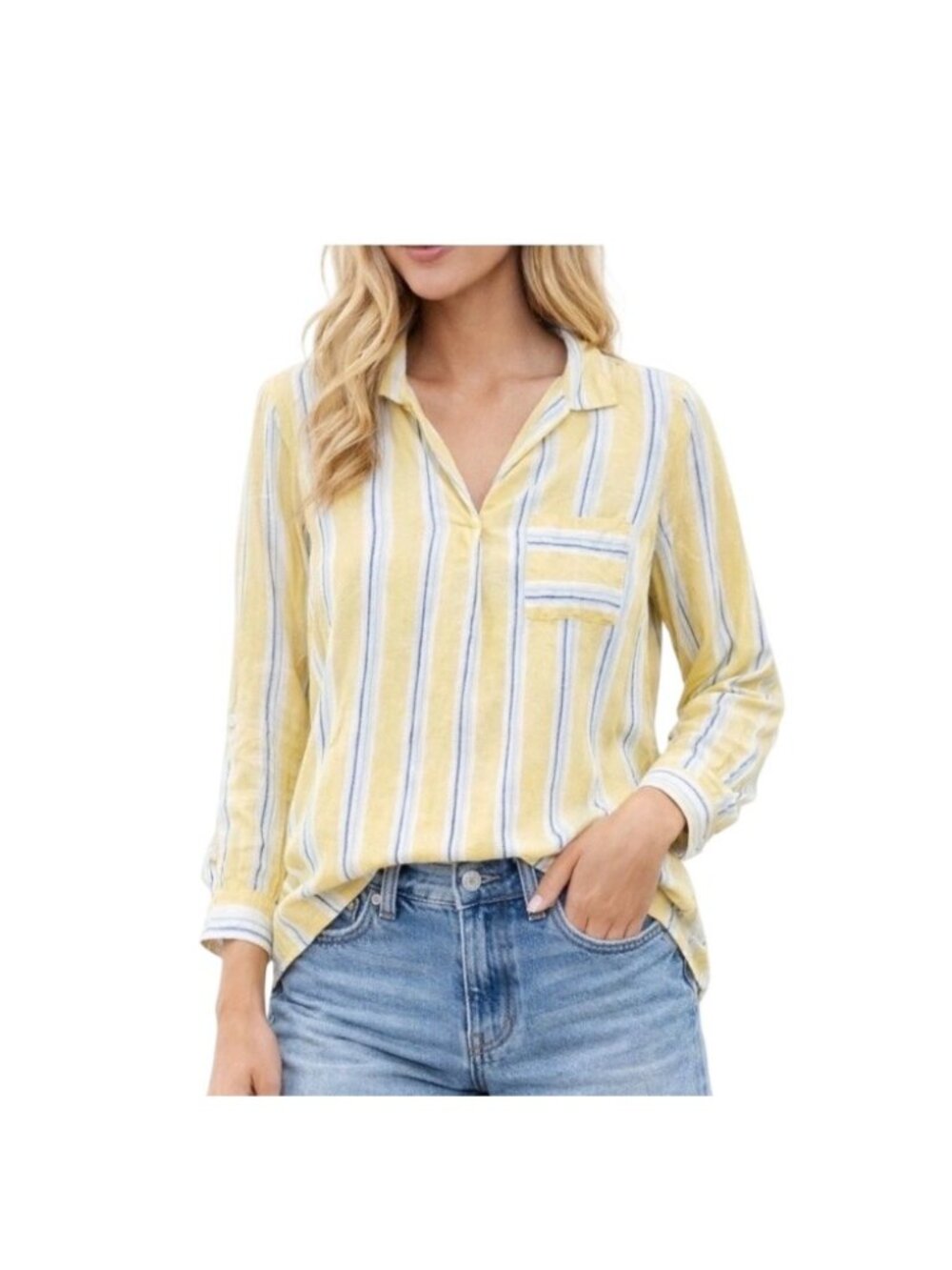 J.Jill love linen popover tunic top coastal stripe Button-Tab Sleeve womens L